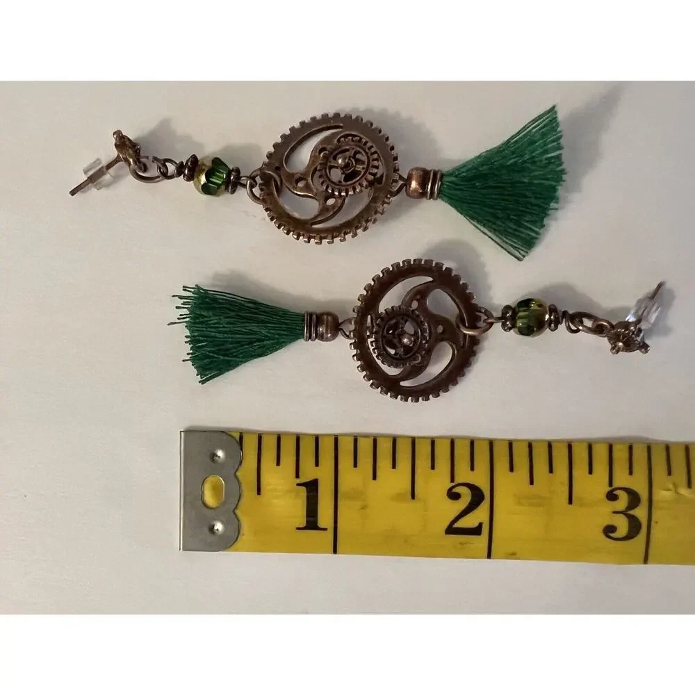 Vintage Bronzy Cooper Tone Color Steampunk Cogs Green Tassel Dangle Earrings NEW